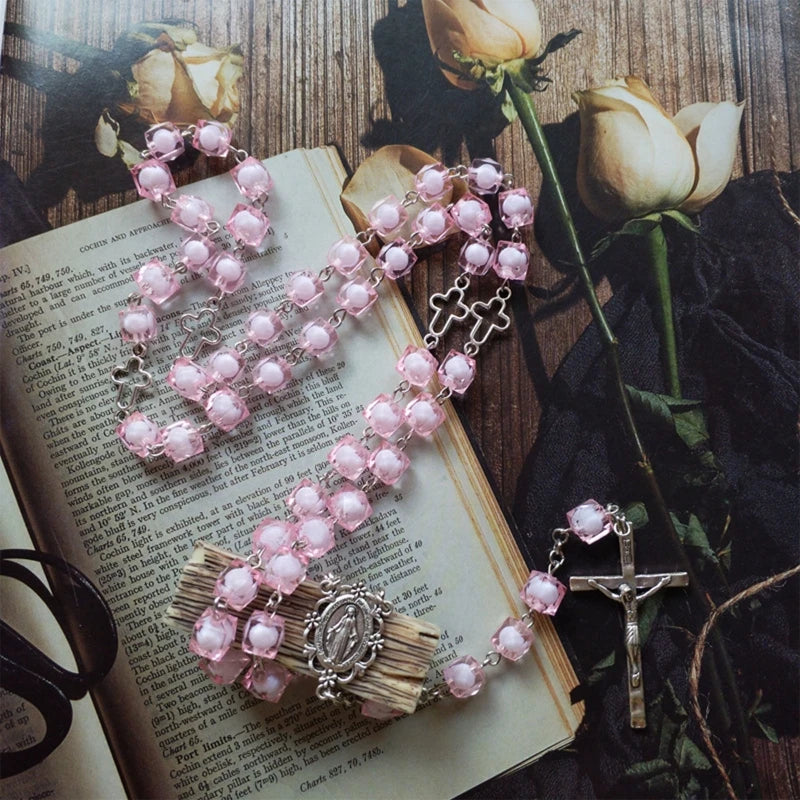 Pink Ceramic and Enamel Square Beaded Crucifix