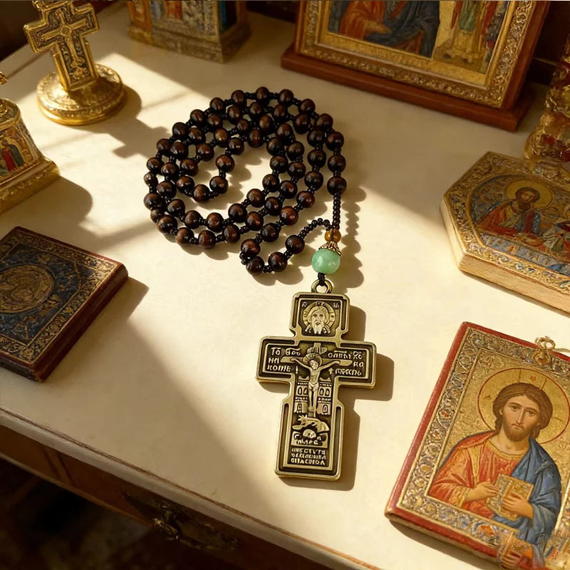 Traditional Eastern Orthodox Prayer Rope Dark Brown Wooden Beads Bronze Crucifix Pendant