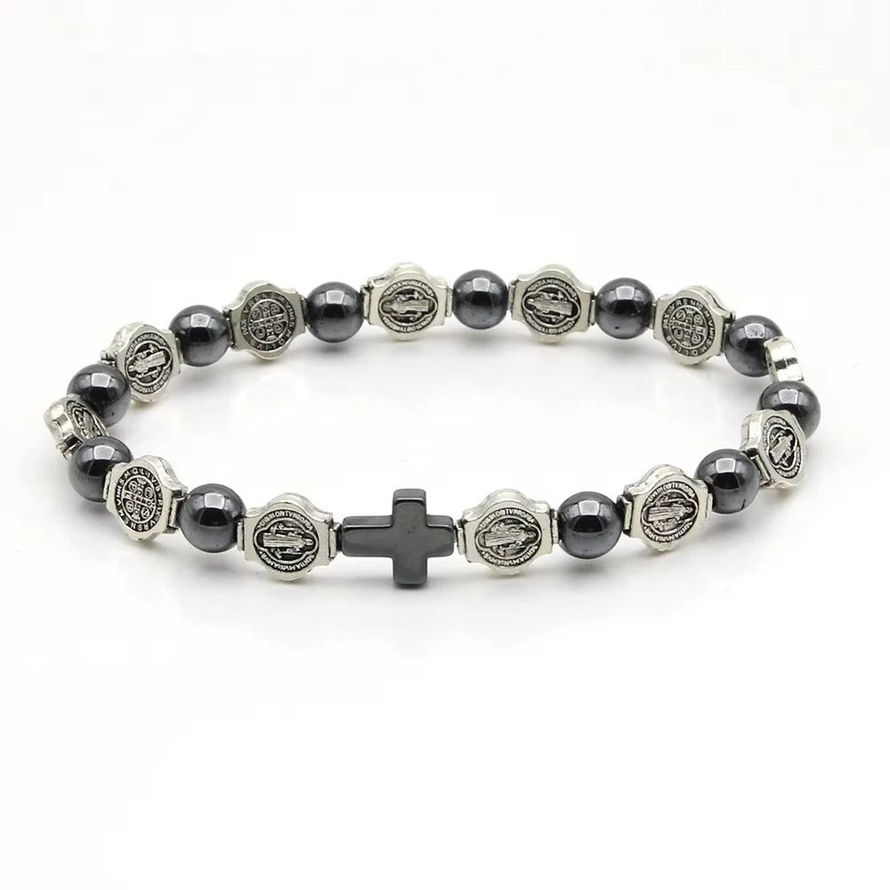 St. Benedict Medal Prayer Bracelets Hematite Beads