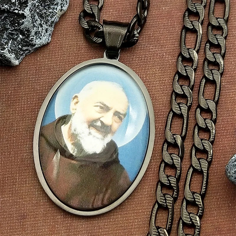 Padre Pio Glass Medal Pendant Necklace