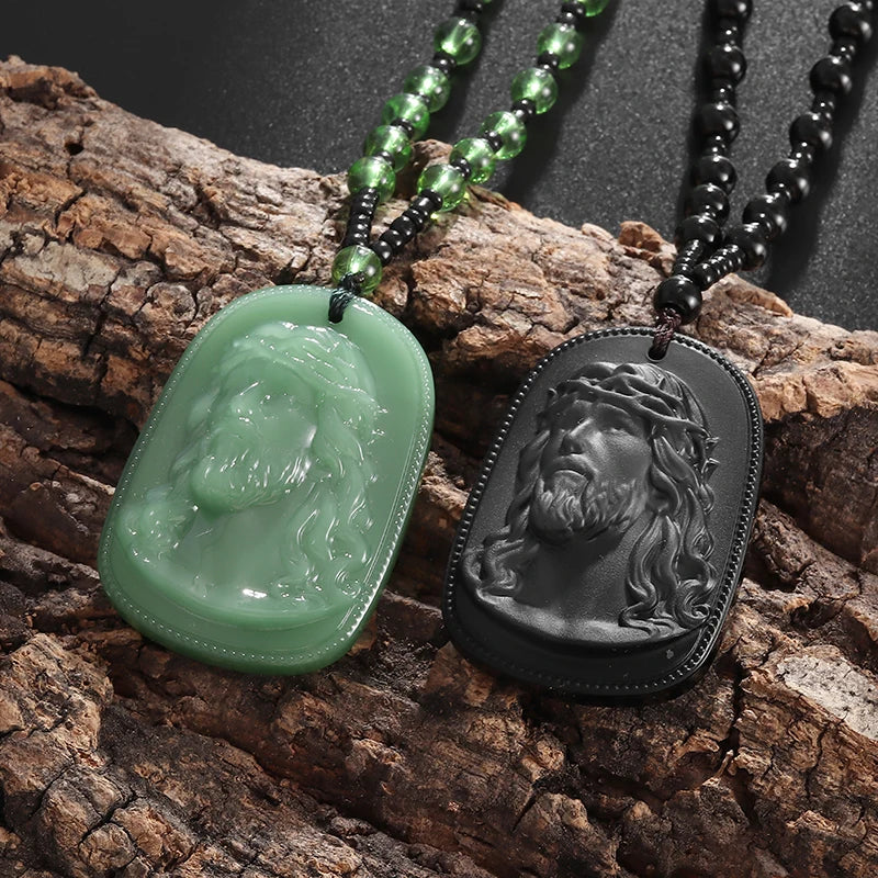 Emerald Green Imitation Jade Jesus Pendant Necklace