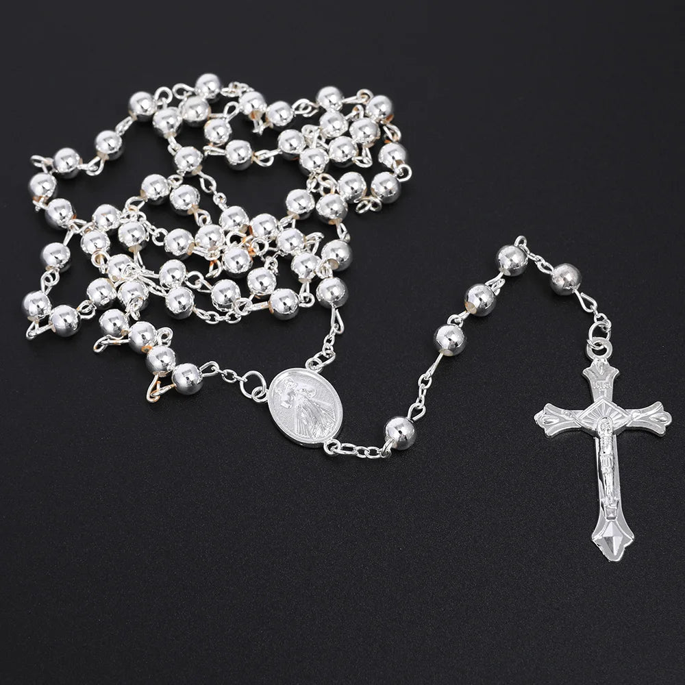 Gold Color Rosary Necklace  6MM Beads Crucifix Pendant