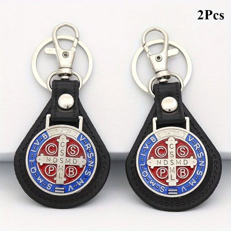 2pcs PU Leather St Benedict Pendant Key Chain Keyring