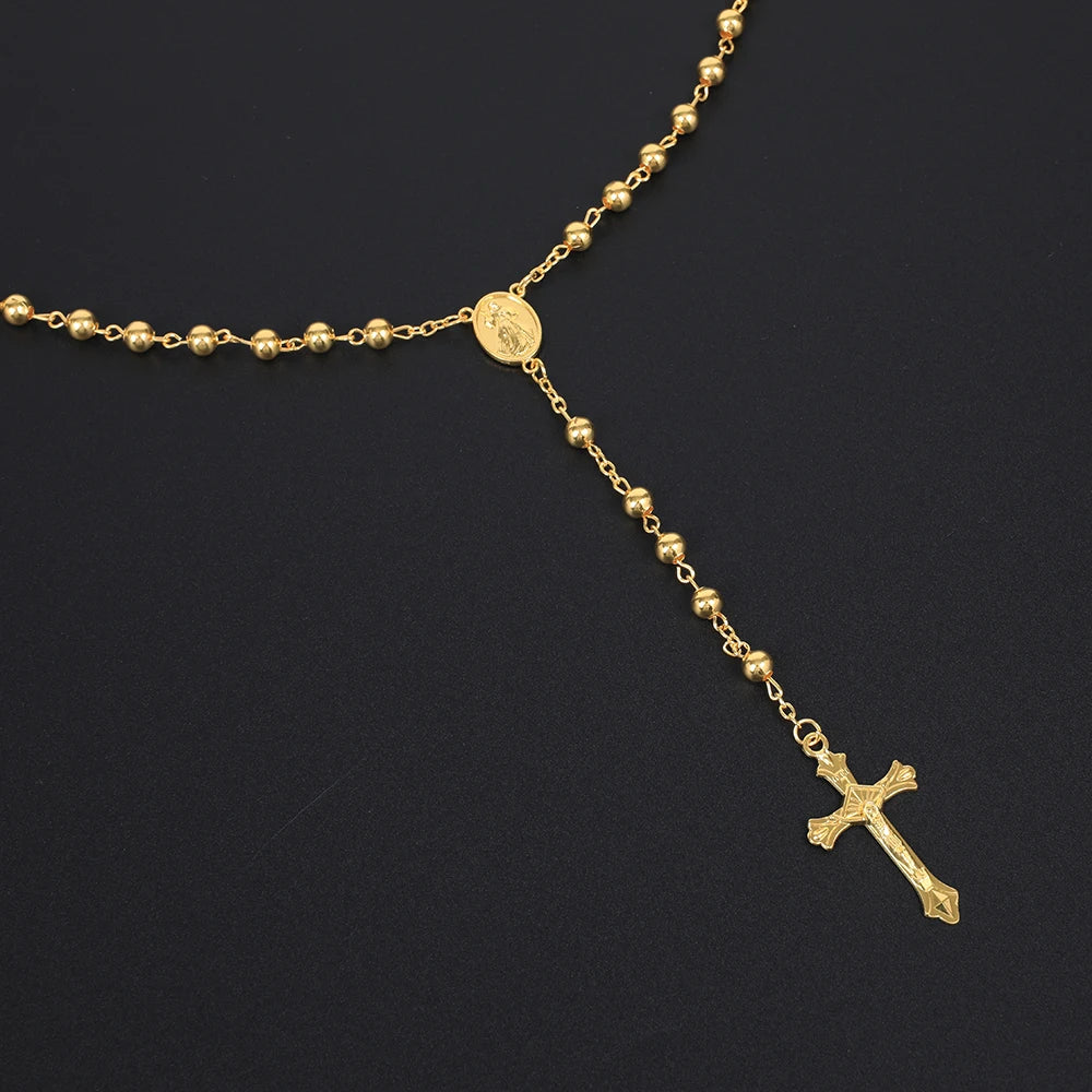 Gold Color Rosary Necklace  6MM Beads Crucifix Pendant
