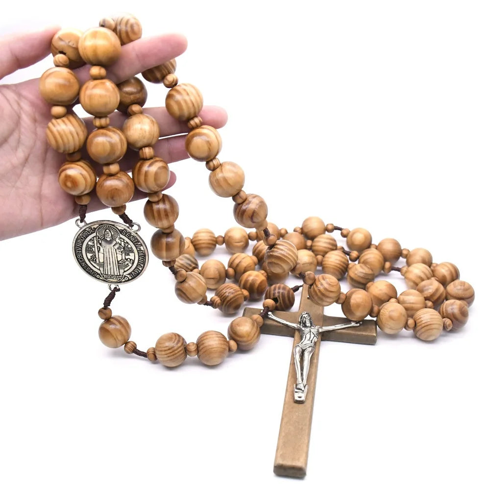 Large Wood Bead Crucifix With St Benedict Exorcism Medal