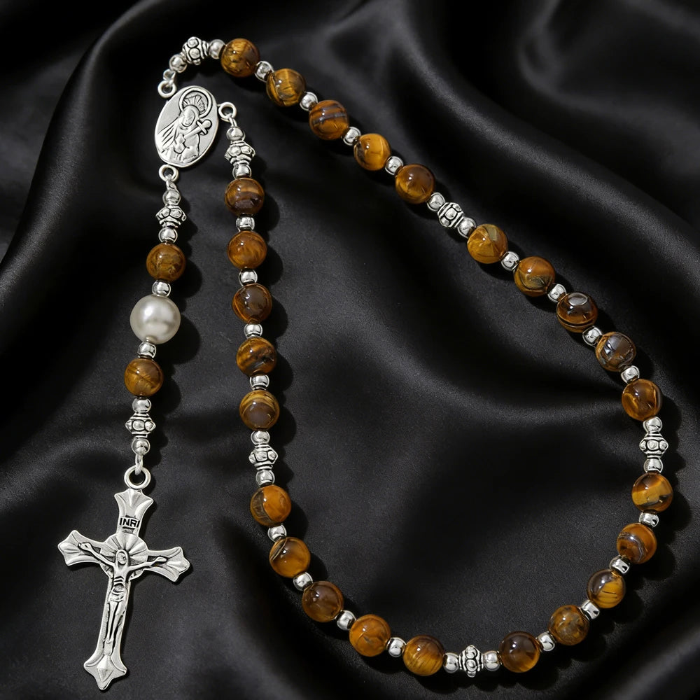 Vintage Cross Religious Rosary Beads Chain Jesus Crucifix Virgin Mary Pendant Chain Jewelry Religious Prayer Beads Bracelet