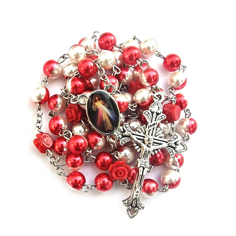 Red White Glass Pearl Cross Rosary