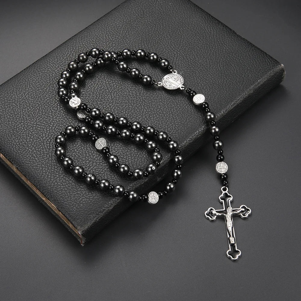 Volcanic Rock St Benedict Black Beaded Rosary for Men Or Women