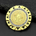 Saint Benedict Medal Brooch Pins for Women Men Stainless Steel with gold color and Rhinestones