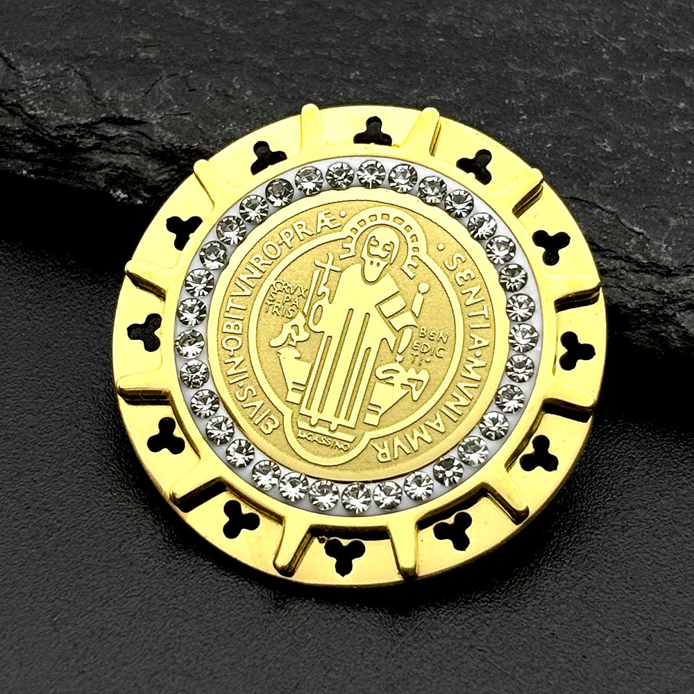 Saint Benedict Medal Brooch Pins for Women Men Stainless Steel with gold color and Rhinestones
