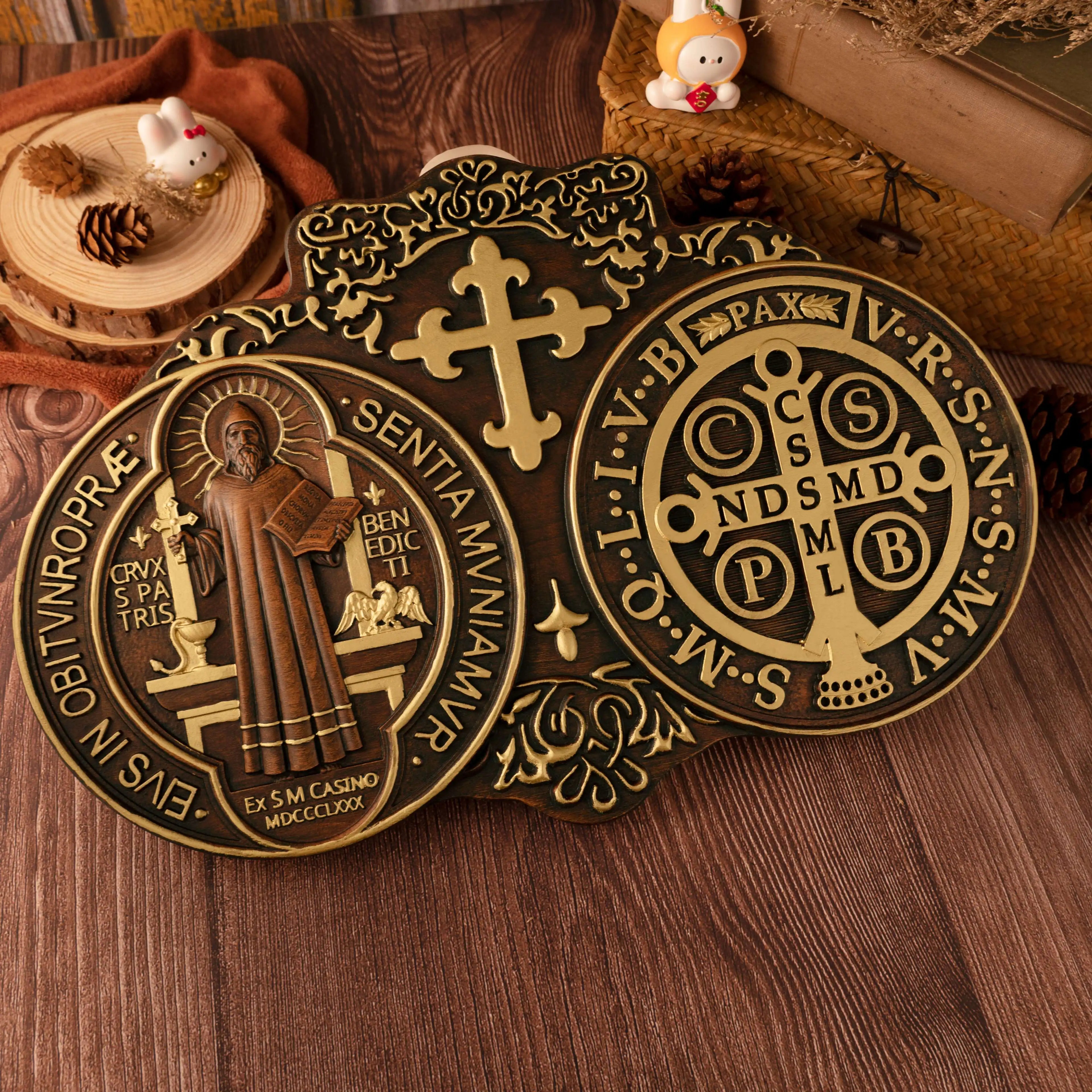Saint Benedict medal , Exorcism plaque,  wood carving wall decoration