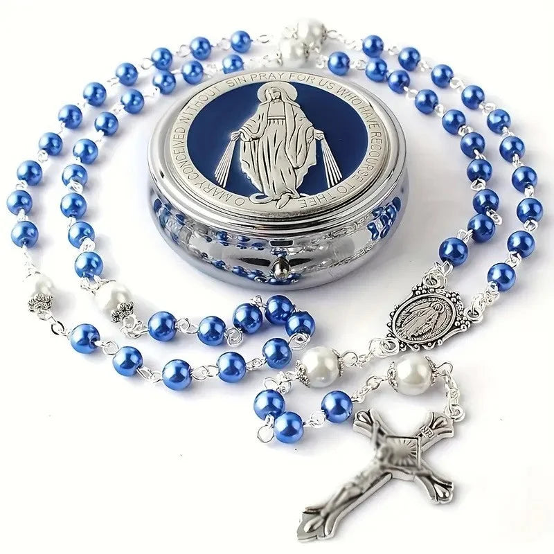 Glass Virgin Mary Cross Rosary Necklace Handmade Crochet Catholic Christ Church Utensils Baptism Prayer Rosary