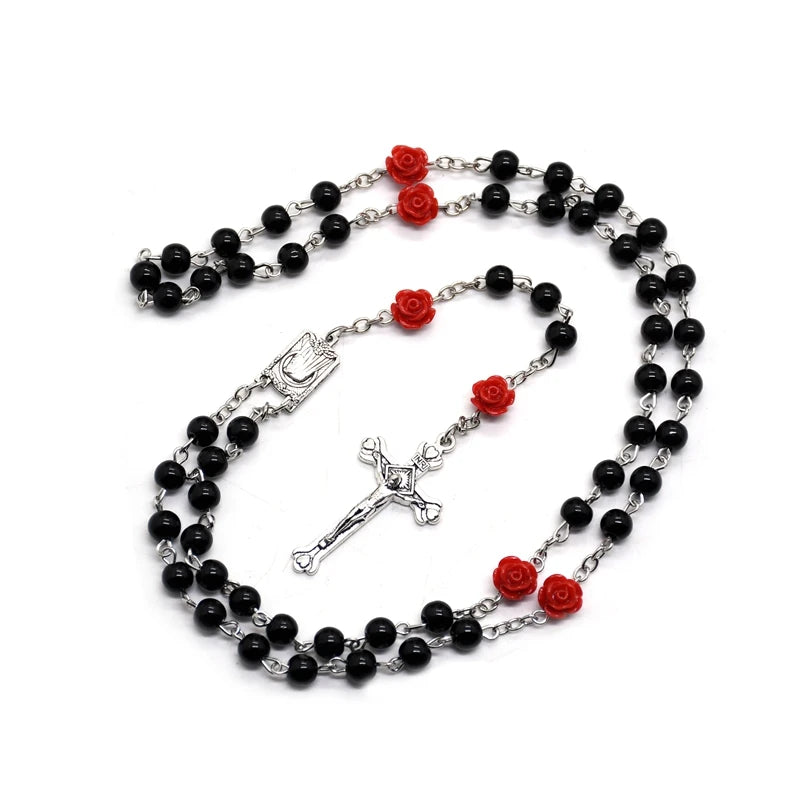 Rose Rosary Necklace with Pendant White Black Red