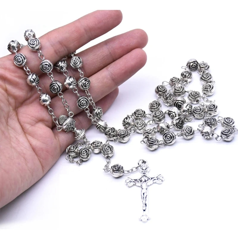 Rosary Necklace Silver color Plastic Rose Flowers Beads