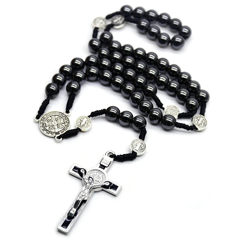 Saint Benedict Hematite Rosary Woven Necklace