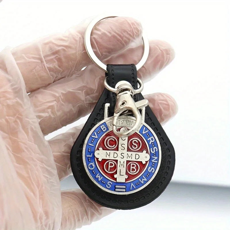 2pcs PU Leather St Benedict Pendant Key Chain Keyring