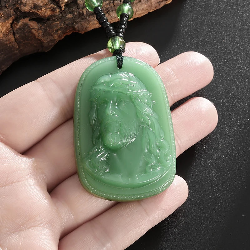 Emerald Green Imitation Jade Jesus Pendant Necklace