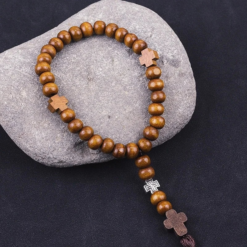 Saint Benedict Rosary Necklace Wood Beads Medal Prayer Pocket