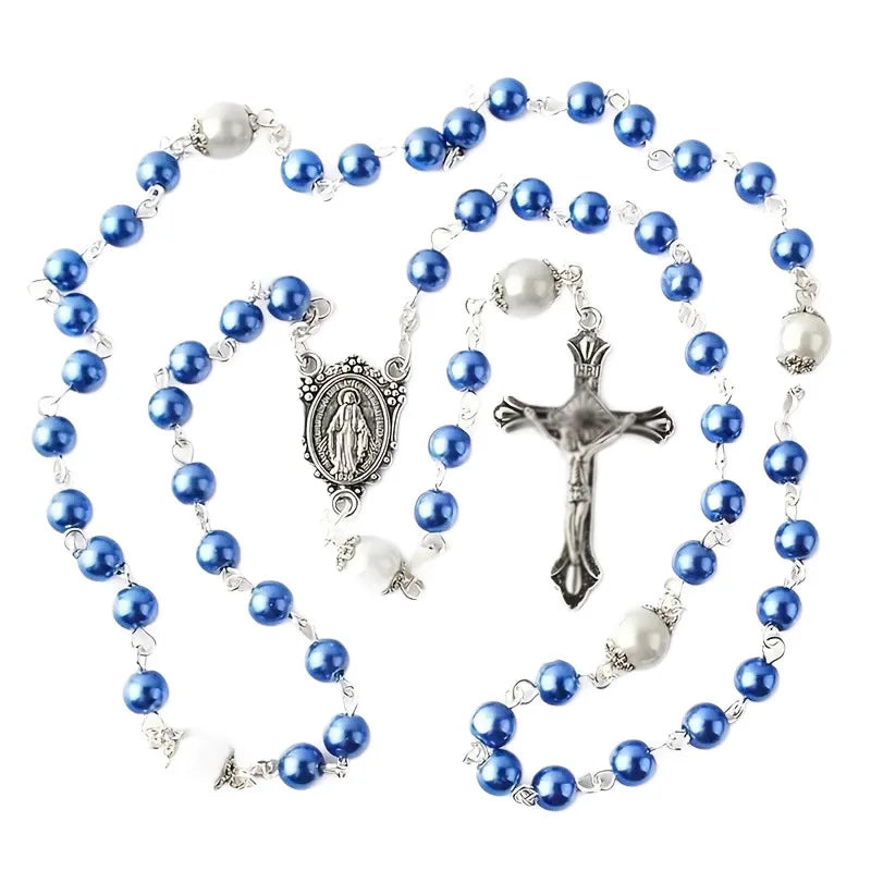 Glass Virgin Mary Cross Rosary Necklace Handmade Crochet Catholic Christ Church Utensils Baptism Prayer Rosary