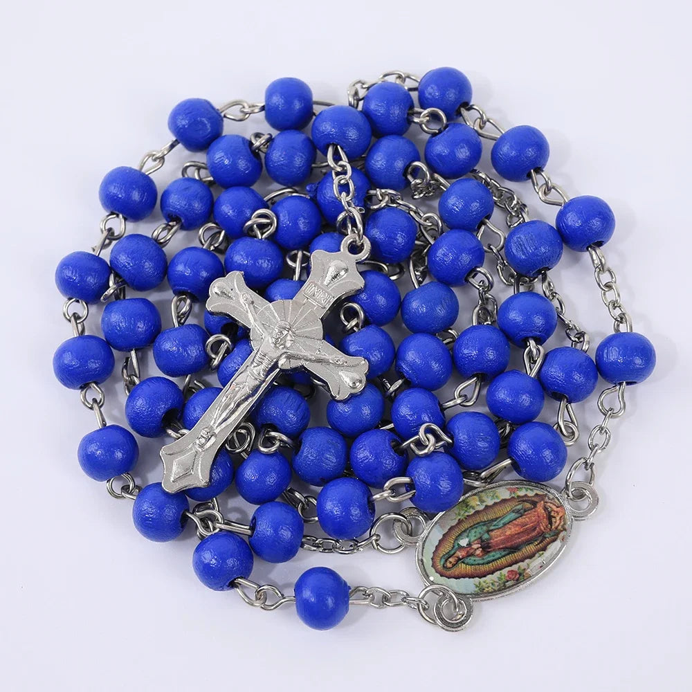 Wood Rosary Necklace with Virgin Mary Cross Pendant 6MM
