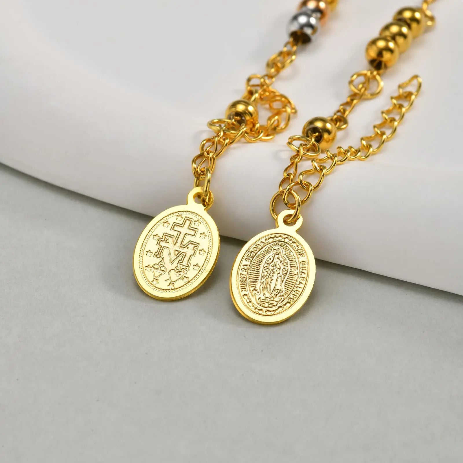 Stainless Steel Rosary Virgin Mary Cross Bracelet, St Benedict Three-color Bead Chain Bracelet,