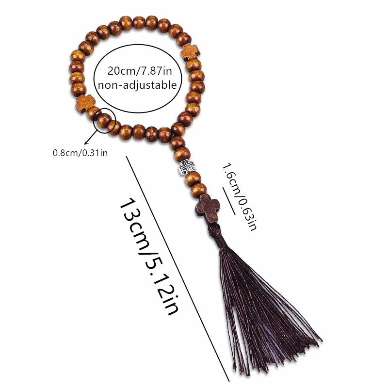 Saint Benedict Rosary Necklace Wood Beads Medal Prayer Pocket