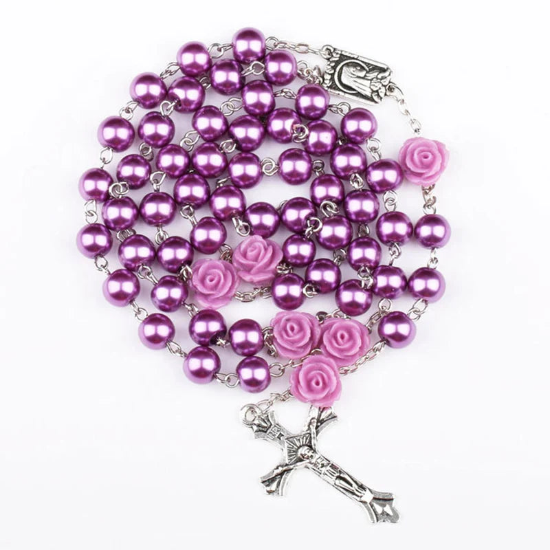 Purple Glass Beaded Rosary With Roses