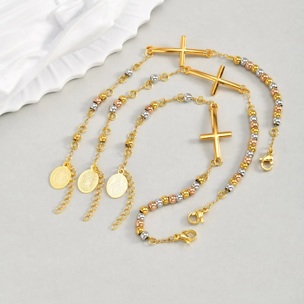 Stainless Steel Rosary Virgin Mary Cross Bracelet, St Benedict Three-color Bead Chain Bracelet,