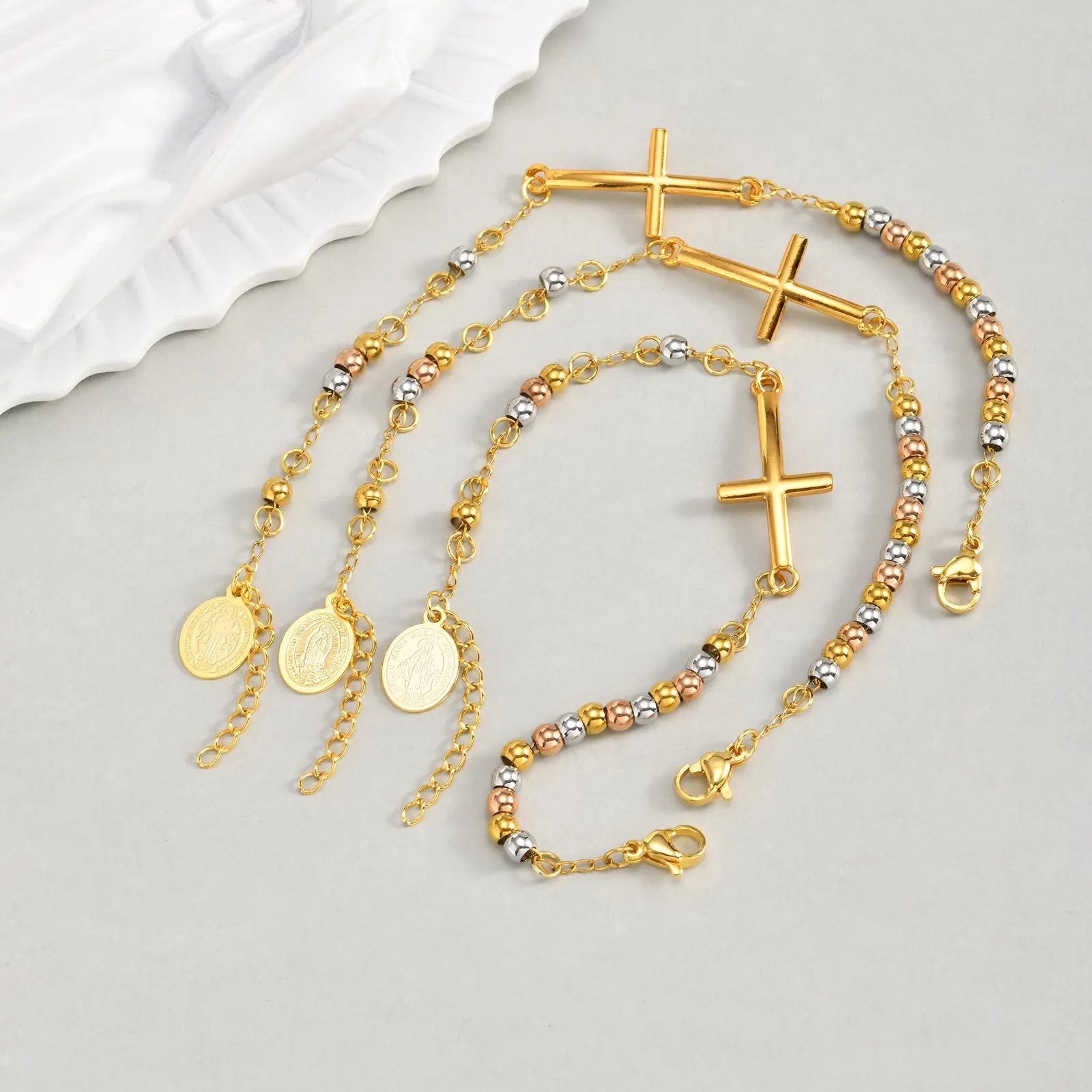 Stainless Steel Rosary Virgin Mary Cross Bracelet, St Benedict Three-color Bead Chain Bracelet,