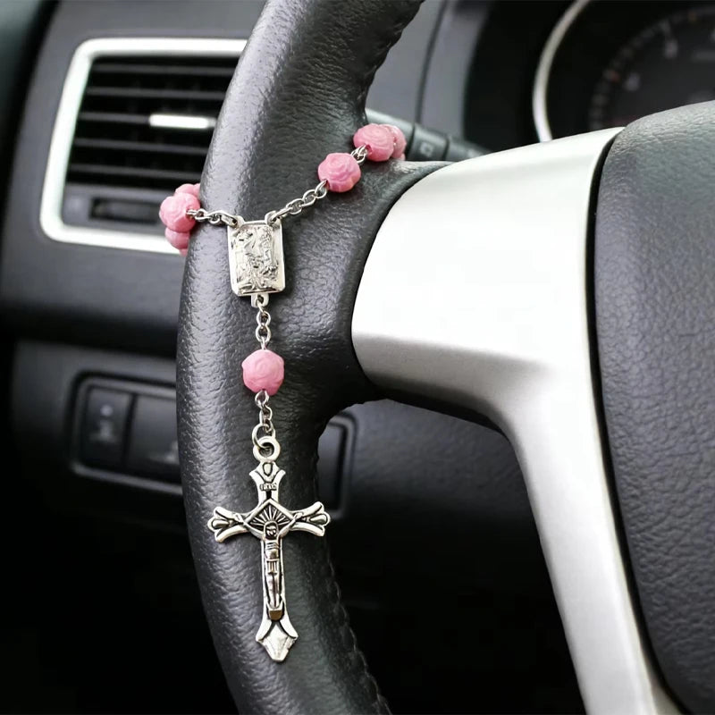 Pink Rose Beads Crucifix Hanging Ornament for Interior Decoration