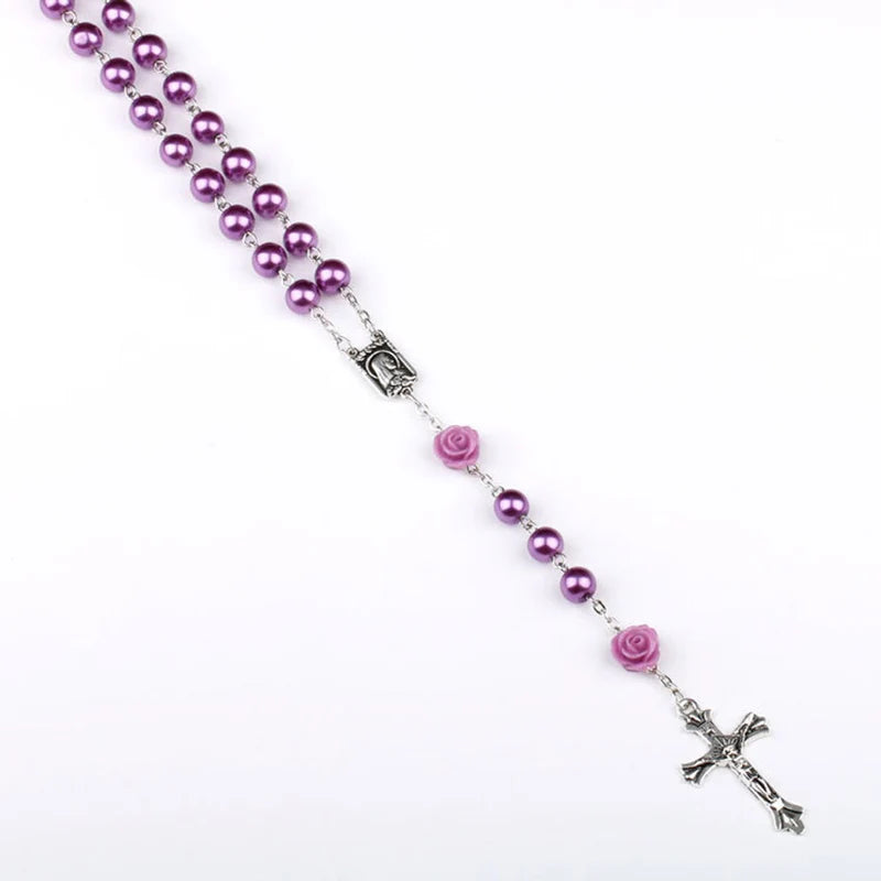 Purple Glass Beaded Rosary With Roses