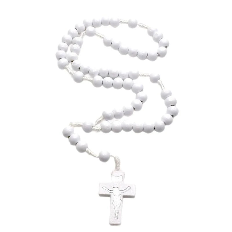 Rosary White Wood Beads with Crosses for Daily Wear or Gift