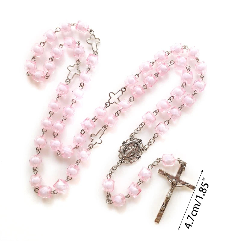 Pink Ceramic and Enamel Square Beaded Crucifix