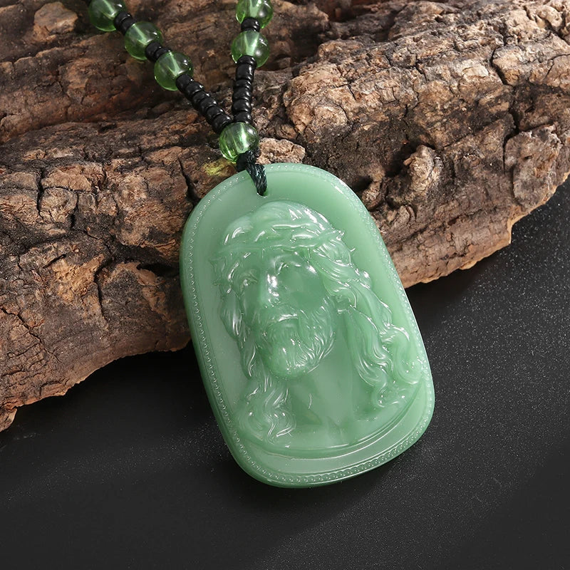 Emerald Green Imitation Jade Jesus Pendant Necklace