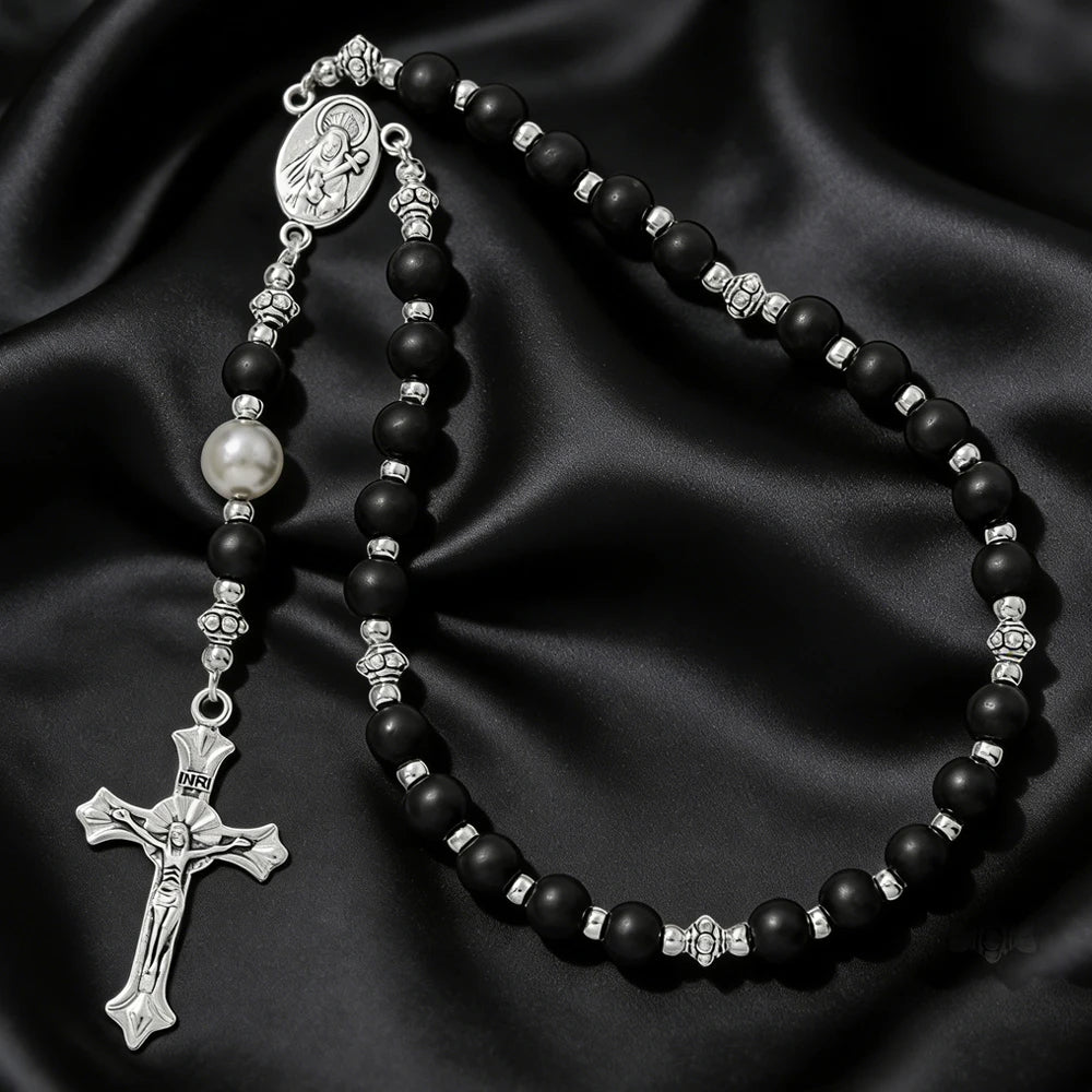 Vintage Cross Religious Rosary Beads Chain Jesus Crucifix Virgin Mary Pendant Chain Jewelry Religious Prayer Beads Bracelet