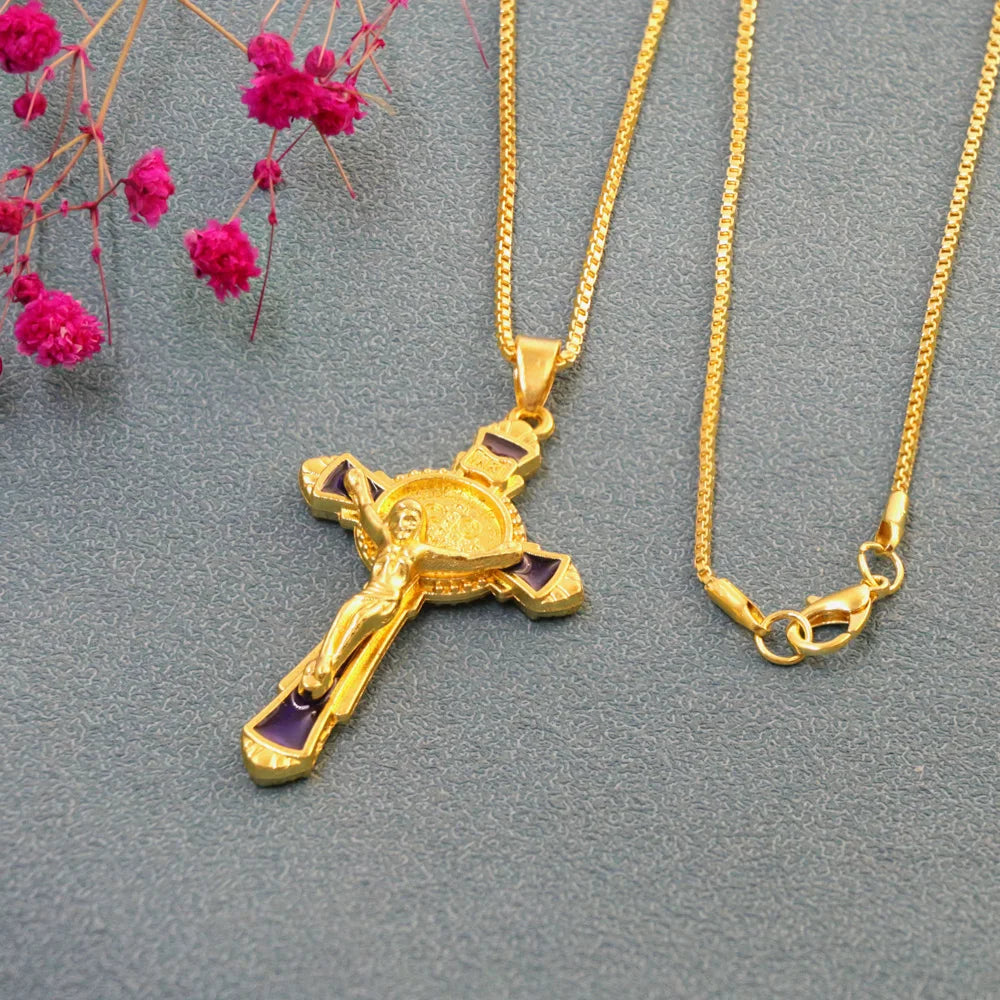 Enamel St Benedict Exorcism Cross Necklaces Gold Plated Protection Jewelry for Women/Men 24 inches Chain