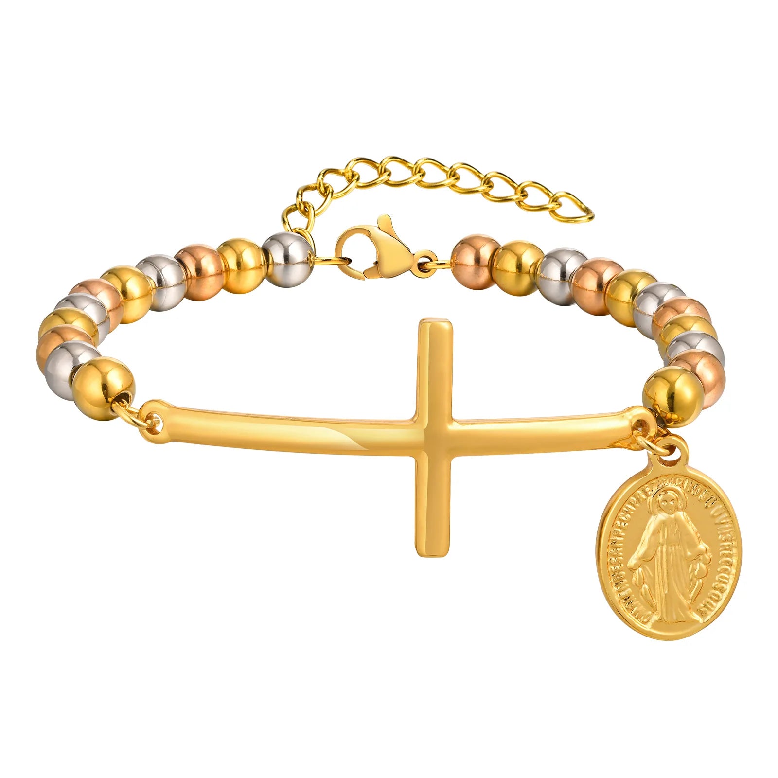 Stainless Steel Rosary Virgin Mary Cross Bracelet, St Benedict Three-color Bead Chain Bracelet,