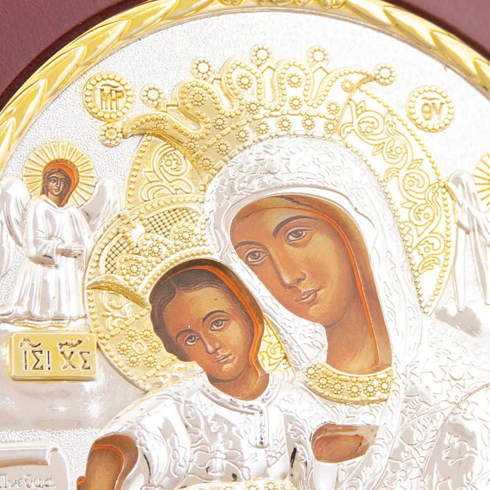 Gold Silver Orthodox Virgin Mary and Child Icon Hand-Painted