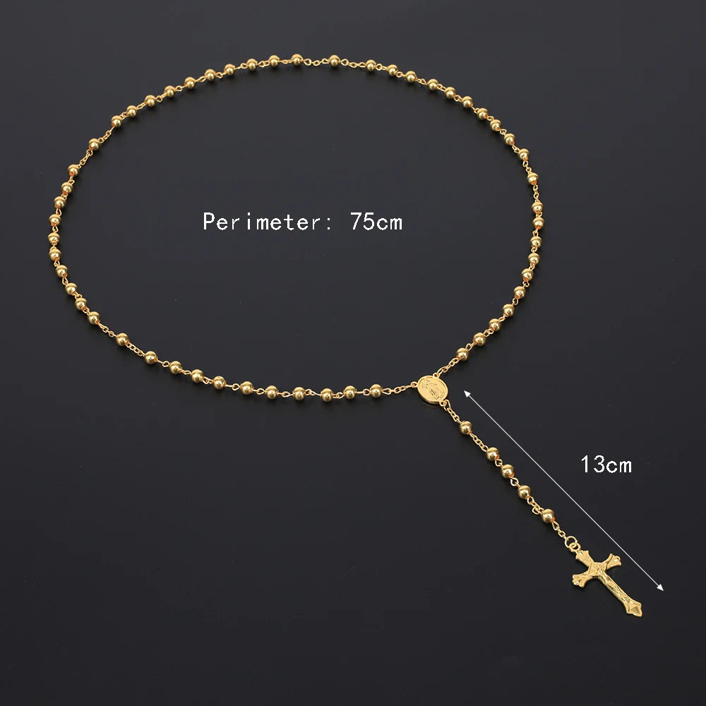Gold Color Rosary Necklace  6MM Beads Crucifix Pendant