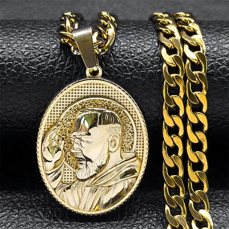 Padre Pio Saint Medal Necklace Stainless Steel Gold Color