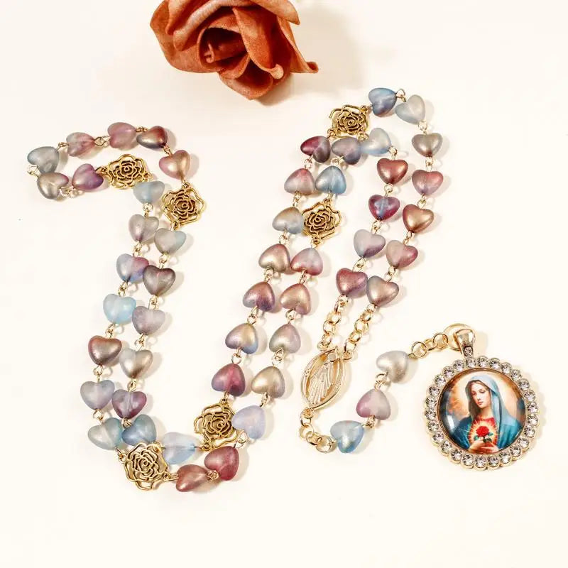 Virgin Mary/st Benedict Rosary Beads Necklace For Women Men Cross Crucifix Pendant