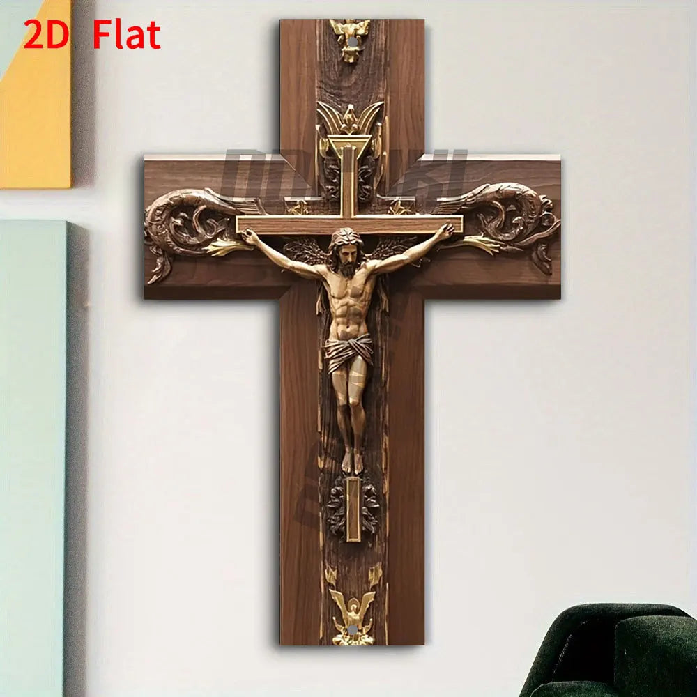 Vintage Metal Cross Wall Hanging - Intricate Jesus Christ Crucifixion Design with Golden Swirls & Vines Ornate Detailing