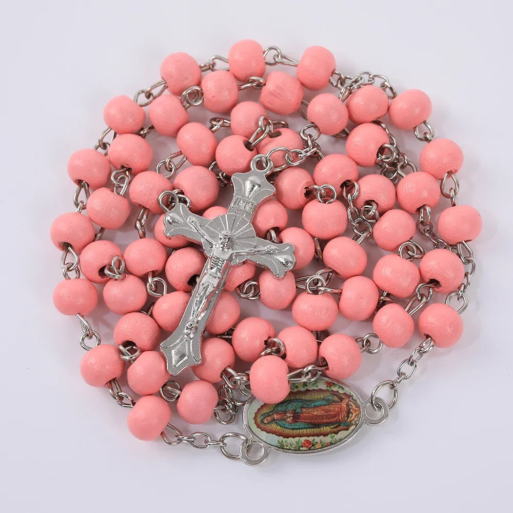 Wood Rosary Necklace with Virgin Mary Cross Pendant 6MM