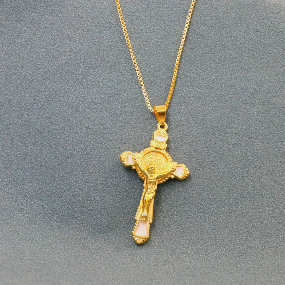 Enamel St Benedict Exorcism Cross Necklaces Gold Plated Protection Jewelry for Women/Men 24 inches Chain