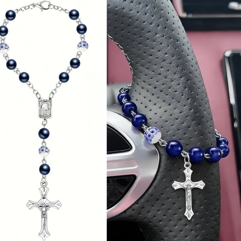 Rosary Cross Rose Prayer Beads Rearview Mirror Hanging Ornament