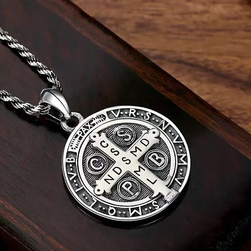 Stainless Steel Exorcist Saint Benedict Round Pendant Necklace