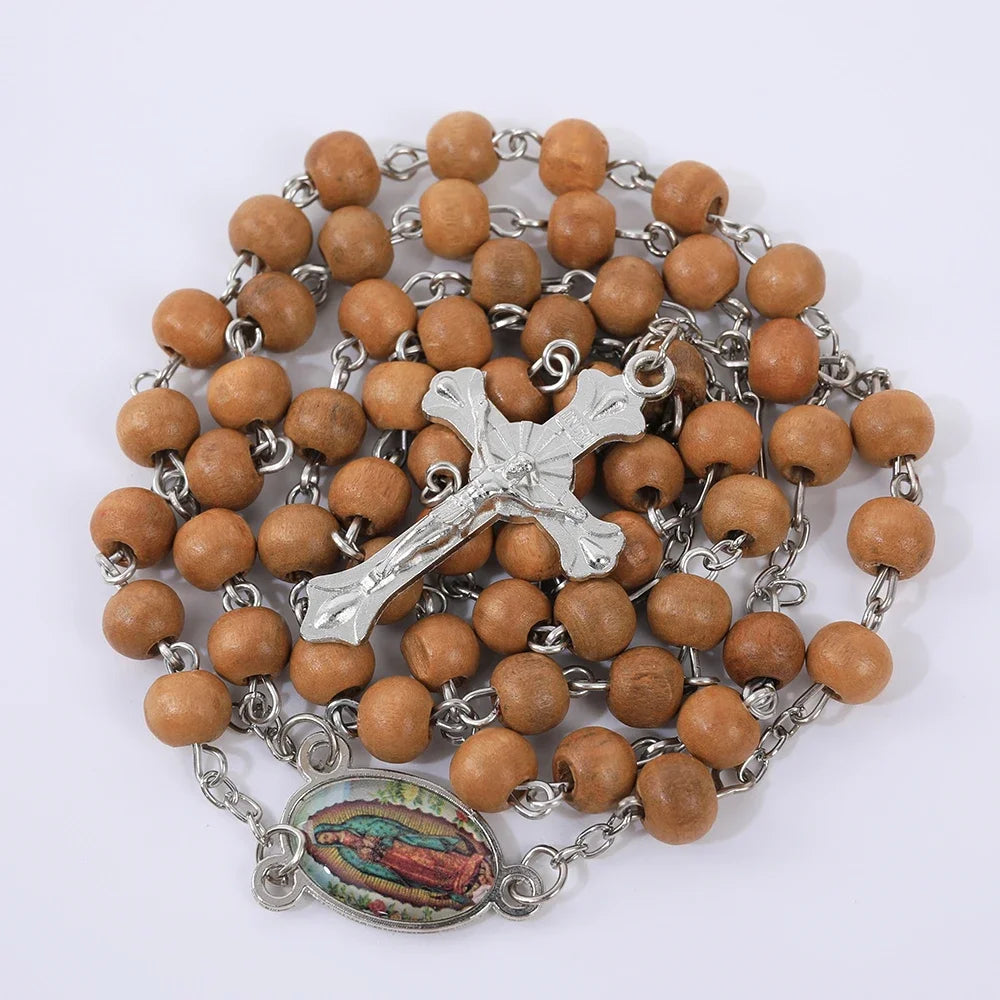 Wood Rosary Necklace with Virgin Mary Cross Pendant 6MM