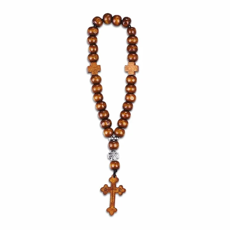 Saint Benedict Rosary Necklace Wood Beads Medal Prayer Pocket