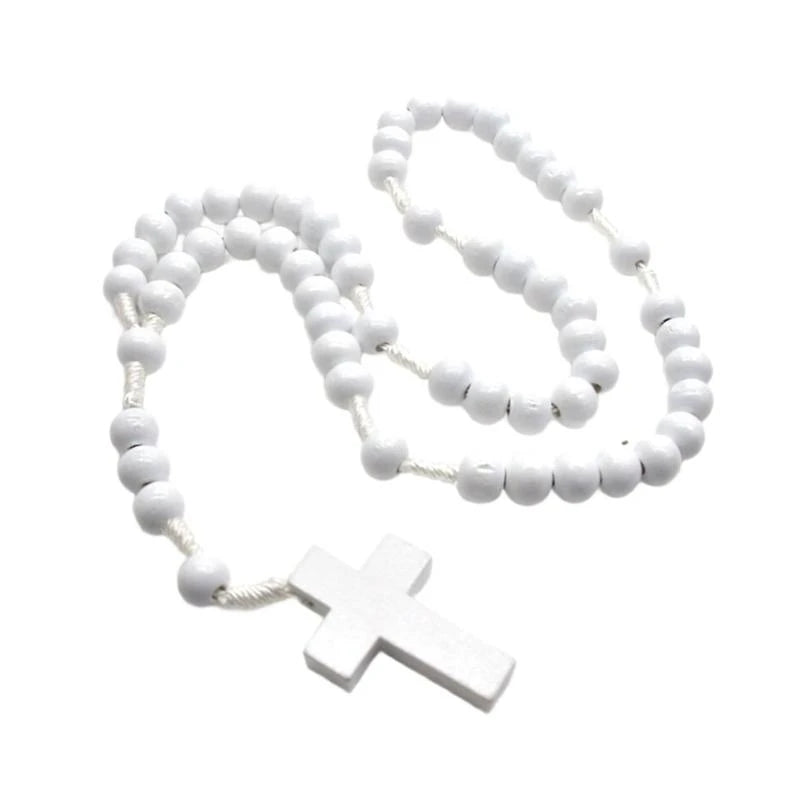 Rosary White Wood Beads with Crosses for Daily Wear or Gift