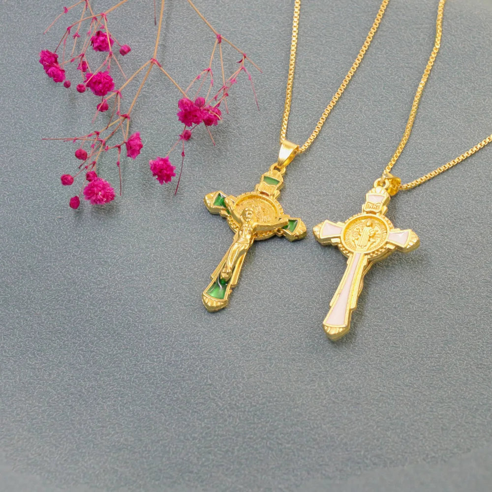 Enamel St Benedict Exorcism Cross Necklaces Gold Plated Protection Jewelry for Women/Men 24 inches Chain